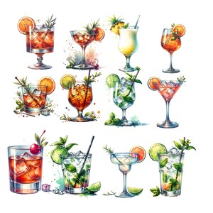 Lot de 12 boissons cocktail PNG, clipart illustration cocktail, dessins illustratifs, cocktail signature personnalisé, papeterie menu aquarelle