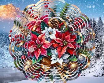 Christmas Wind Spinner PNG, winter Sublimation Design, Flower windspin 10 inch round hanging, festive season Windspinner png floral ornament