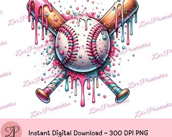 Può includere: Una palla da baseball bianca con cuciture rosa e blu è circondata da schizzi di vernice rosa e blu. Due mazze da baseball di legno sono incrociate dietro la palla, con vernice rosa e blu che cola da esse.