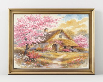 Lente print landschap wilde bloemen muur kunst vintage lente landschap decor pastel Cottagecore Academia schilderij prints muur kunst woonkamer