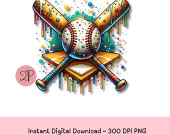Può includere: Un grafico di baseball colorato con due mazze incrociate, un piatto di casa e una palla da baseball con punti colorati. Il grafico ha un effetto di vernice che cola con schizzi colorati sullo sfondo.