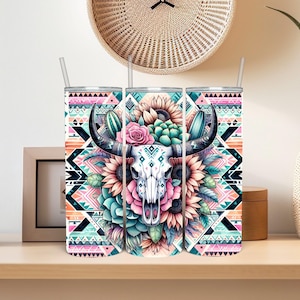 Boho Aztec 20oz tumbler wrap, 20 oz Western Bull Skill sublimation design, Rustic Watercolor Cactus Tribal Pattern Tumbler Wrap Png