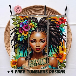 Puede incluir: Un diseño de vaso colorido con una mujer con el pelo largo trenzado, una corona de flores y la palabra "GEMINI" escrita en su pecho. El fondo es una mezcla vibrante de verde, azul y amarillo.