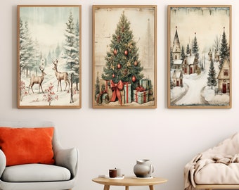 vintage christmas prints, set of 3 christmas prints, winter printable wall art, winter woodland animals, vintage holiday decorations