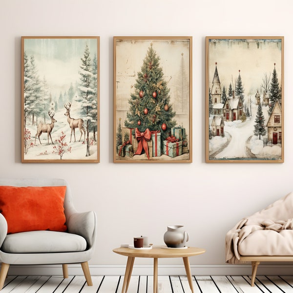 vintage christmas prints, set of 3 christmas prints, winter printable wall art, winter woodland animals, vintage holiday decorations