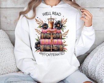 Camiseta de lector y cafeinado, sudadera de cuello redondo de amante de los libros, regalo para amantes de los libros y el café, regalo para profesores, camiseta de bibliotecario