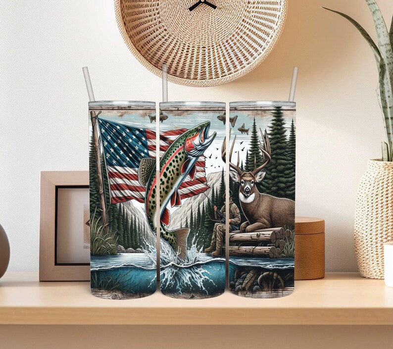 American Flag Trout Fishing Deer Camo Seamless Tumbler Wrap 20oz Skinny ...
