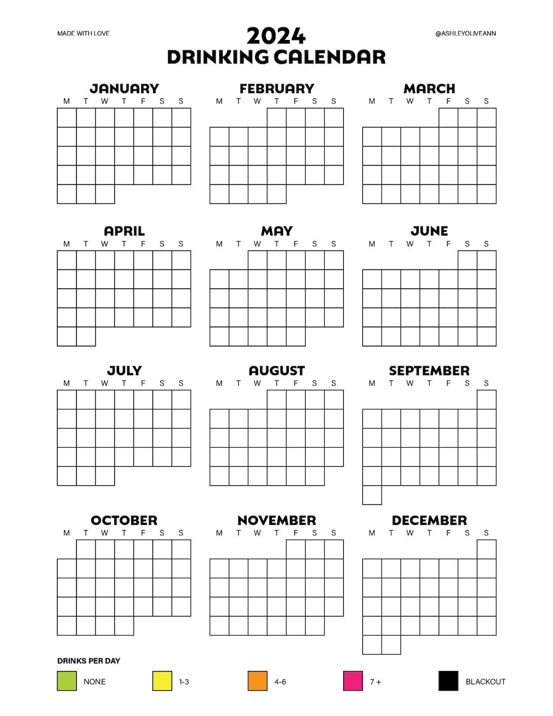 Drinking Calendar 2024 Track Your Alcohol Intake Sobriety Calendar 8