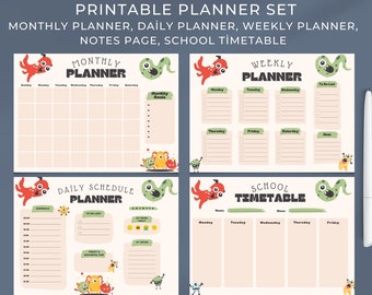 Digital Planner Set For Children | School Planner | Weekly Planner | Monthly Planner l Kids Daily Planner Printable | Kids Activity Page