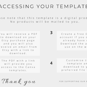 May include: An instructional graphic titled ACCESSING YOUR TEMPLATE with a light gray background and black text. It outlines four steps for downloading and customizing a digital product, noting that no physical items will be mailed to you.