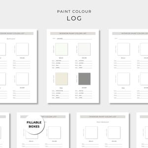 May include: A digital paint color log template featuring multiple pages titled Interior Paint Color List. Each page includes sections for room names, fillable boxes for color swatches, and lines for recording paint brand, name, code, and finish details.