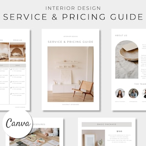 Guía de precios y servicios de diseño de interiores, plantilla editable de Canva, paquete de bienvenida para nuevos clientes, servicio de diseño electrónico, presentación de propuesta para clientes
