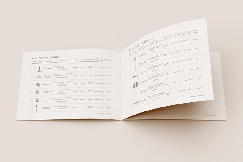 May include: An open booklet displaying a Lighting Schedule and a Hardware Schedule on white pages with black text and small illustrations. The tables contain columns for item, product, description, finish, supplier, and quantity, organized in a grid.