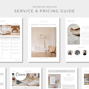 Puede incluir: Una plantilla de guía de servicios y precios de diseño de interiores con varias páginas, fondos blancos, texto negro y fotografías en tonos neutros. El diseño incluye secciones para paquetes de servicios, sobre nosotros, equipo y contacto.