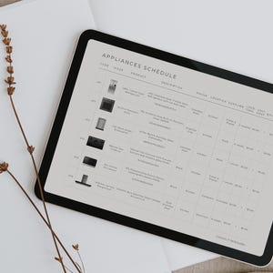 May include: A digital tablet displaying an Appliances Schedule table with columns for code, image, product, description, finish, location, supplier, lead time, unit cost, and quantity. The screen shows a list of kitchen appliances with text.