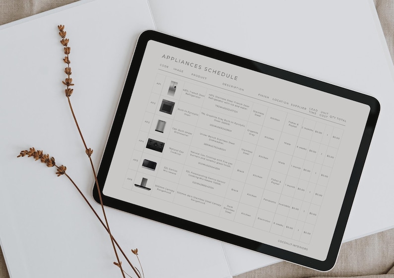 May include: A digital tablet displaying an Appliances Schedule table with columns for code, image, product, description, finish, location, supplier, lead time, unit cost, and quantity. The screen shows a list of kitchen appliances with text.