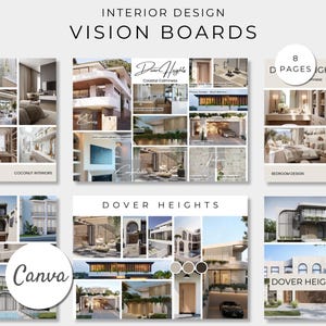 Tableros de ideas para diseño de interiores, plantilla de tablero de ideas de Canva, tablero de ideas de Canva editable, plantilla de proyecto de diseño electrónico, plantilla de diseño de viviendas