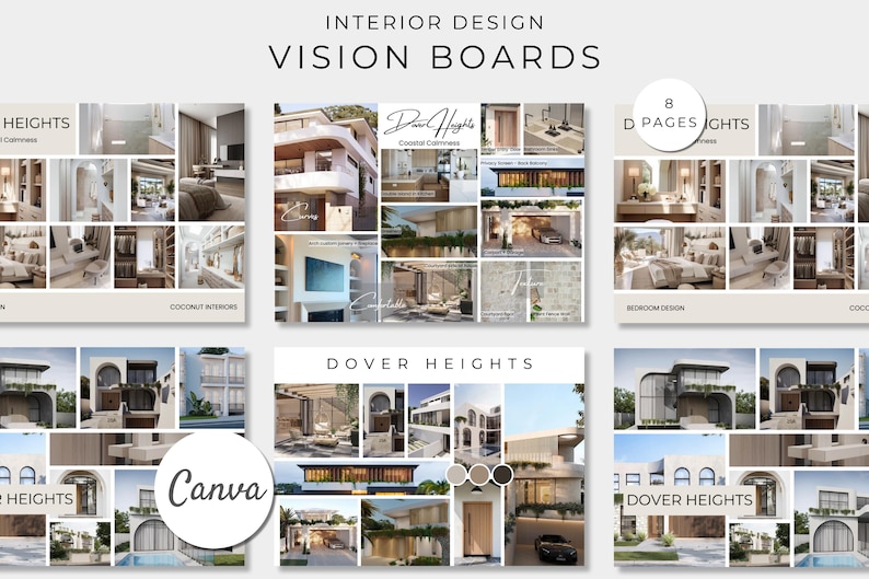 Puede incluir: Vision board para dise&ntilde;o de interiores con el t&iacute;tulo "Dover Heights" y un collage de im&aacute;genes que muestran una casa moderna con una paleta de colores neutros. El tablero incluye im&aacute;genes del exterior, el interior y los muebles.
