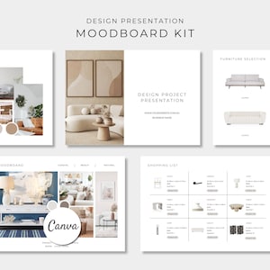 May include: A digital design presentation moodboard kit template featuring multiple slides with white backgrounds, interior design imagery, furniture selections, shopping lists, and material samples, with the text Design Presentation Moodboard Kit.