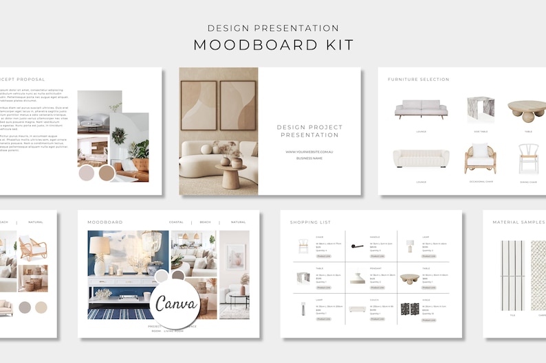 May include: A digital design presentation moodboard kit template featuring multiple slides with white backgrounds, interior design imagery, furniture selections, shopping lists, and material samples, with the text Design Presentation Moodboard Kit.