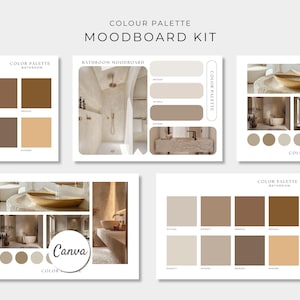 May include: A digital moodboard kit featuring bathroom design templates with colour palettes in shades of beige, tan, and brown. The layouts include photographic interior design examples, rectangular colour swatches, and the text Canva.