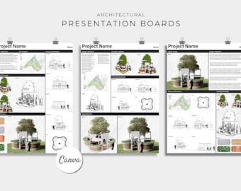 May include: Three architectural presentation boards featuring the text ARCHITECTURAL PRESENTATION BOARDS at the top. Each board includes sections labeled Project Name, Design Statement, Site Analysis, Plans and Elevations, and Concept Drawings with diagrams, sketches, and renderings of a structure with a tree.