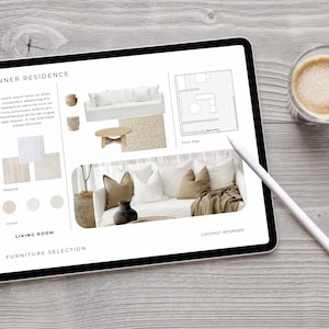 May include: A tablet displaying a digital interior design mood board titled Tanner Residence, featuring a floor plan, furniture selection, material swatches, and a photograph of a living room with white and beige cushions and a dark vase.