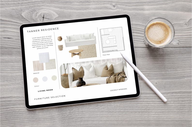 May include: A tablet displaying a digital interior design mood board titled Tanner Residence, featuring a floor plan, furniture selection, material swatches, and a photograph of a living room with white and beige cushions and a dark vase.