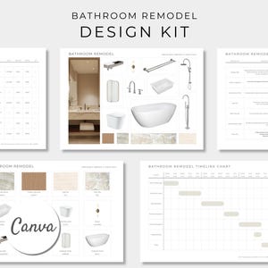 May include: A design kit for bathroom remodeling, featuring various design elements and a timeline chart. The kit includes images of bathroom fixtures, color swatches, and the text "BATHROOM REMODEL DESIGN KIT" and "Canva".