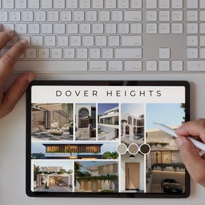 Puede incluir: Una tableta digital que muestra un sitio web para Dover Heights, un desarrollo inmobiliario. El sitio web presenta im&aacute;genes de casas modernas con dise&ntilde;os elegantes y paletas de colores neutres.