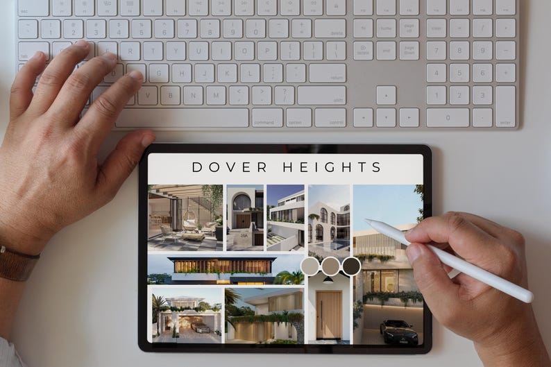 Puede incluir: Una tableta digital que muestra un sitio web para Dover Heights, un desarrollo inmobiliario. El sitio web presenta im&aacute;genes de casas modernas con dise&ntilde;os elegantes y paletas de colores neutres.