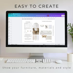 May include: A computer monitor displaying a digital interior design presentation board with the text EASY TO CREATE at the top and Show your furniture, materials and style at the bottom, featuring furniture layouts, color palettes, and text.