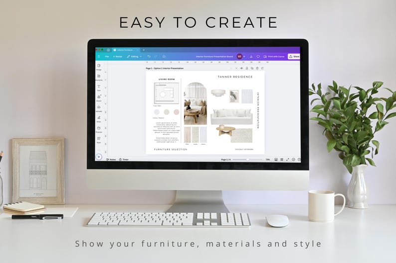 May include: A computer monitor displaying a digital interior design presentation board with the text EASY TO CREATE at the top and Show your furniture, materials and style at the bottom, featuring furniture layouts, color palettes, and text.