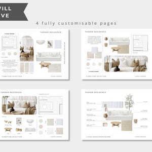 May include: Four digital interior design presentation pages labeled Tanner Residence, featuring furniture selections, floor plans, and mood boards with white sofas, wooden coffee tables, and neutral-toned decor elements. Text includes YOU WILL RECEIVE.