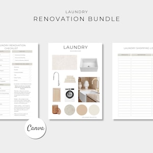 May include: A laundry renovation bundle featuring three documents: a laundry renovation checklist, a laundry moodboard with images of fixtures, appliances, and a color palette, and a laundry shopping list. The text includes Laundry Renovation Bundle.