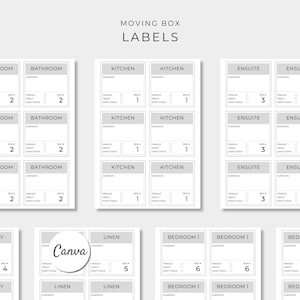 Op de afbeelding: Een verzameling witte rechthoekige verhuisdooslabels met grijze koppen met kamernamen zoals Bathroom, Kitchen, Ensuite, Dining, Laundry, Linen en Bedroom. Elk label bevat velden voor de inhoud en selectievakjes voor fragile, heavy en don't stack.
