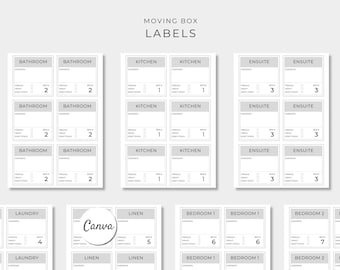Puede incluir: Una colección de etiquetas rectangulares blancas para cajas de mudanza con encabezados grises que muestran nombres de habitaciones como Bathroom, Kitchen, Ensuite, Dining, Laundry, Linen y Bedroom. Cada etiqueta incluye campos para el contenido.