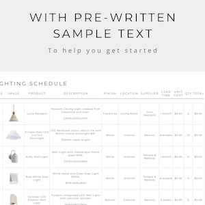 May include: A digital lighting schedule template featuring a table with columns for code, image, product, description, finish, location, supplier, lead time, unit cost, and quantity total. The document includes pre-written sample text for guidance.