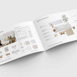 May include: An open brochure titled Tanner Residence displaying a living room mood board and furniture selection. The pages feature interior design layouts, floor plans, furniture images, and material swatches with text labels by Coconut Interiors.