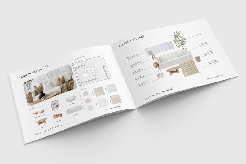 May include: An open brochure titled Tanner Residence displaying a living room mood board and furniture selection. The pages feature interior design layouts, floor plans, furniture images, and material swatches with text labels by Coconut Interiors.