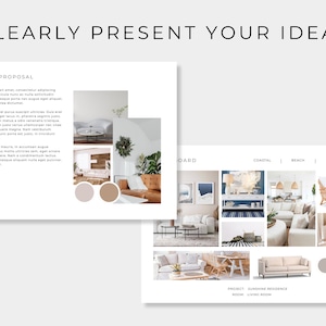 May include: A digital design board template featuring the text CLEARLY PRESENT YOUR IDEAS, CONCEPT PROPOSAL, COASTAL, BEACH, NATURAL, PROJECT: SUNSHINE RESIDENCE, and ROOM: LIVING ROOM, displaying interior design collages with furniture and color swatches.