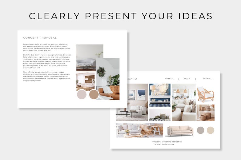 May include: A digital design board template featuring the text CLEARLY PRESENT YOUR IDEAS, CONCEPT PROPOSAL, COASTAL, BEACH, NATURAL, PROJECT: SUNSHINE RESIDENCE, and ROOM: LIVING ROOM, displaying interior design collages with furniture and color swatches.