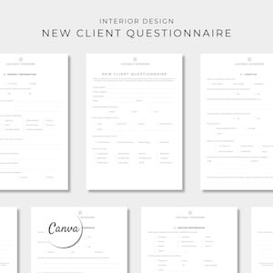May include: A set of white interior design new client questionnaire forms with black text. The documents feature sections for project information, lifestyle, and design preferences, with the Coconut Interiors logo at the top of each page.