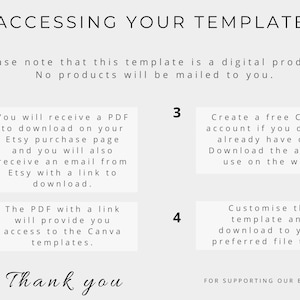Puede incluir: Un fondo blanco con texto negro que explica c&oacute;mo acceder a una plantilla digital. El texto se divide en cuatro pasos numerados. Paso 1: Recibir&aacute;s un PDF para descargar en tu p&aacute;gina de compra de Etsy y tambi&eacute;n recibir&aacute;s un correo electr&oacute;nico de Etsy con un enlace para descargar. Paso 2: El PDF con un enlace te dar&aacute; acceso a las plantillas de Canva. Paso 3: Crea una cuenta gratuita de Canva si a&uacute;n no tienes una. Descarga la aplicaci&oacute;n o &uacute;sala en la web. Paso 4: Personaliza la plantilla y desc&aacute;rgala en tu tipo de archivo preferido. El texto en la parte inferior dice "Gracias" y "Por apoyar nuestro negocio."