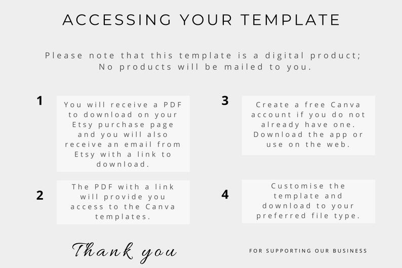 Puede incluir: Un fondo blanco con texto negro que explica c&oacute;mo acceder a una plantilla digital. El texto se divide en cuatro pasos numerados. Paso 1: Recibir&aacute;s un PDF para descargar en tu p&aacute;gina de compra de Etsy y tambi&eacute;n recibir&aacute;s un correo electr&oacute;nico de Etsy con un enlace para descargar. Paso 2: El PDF con un enlace te dar&aacute; acceso a las plantillas de Canva. Paso 3: Crea una cuenta gratuita de Canva si a&uacute;n no tienes una. Descarga la aplicaci&oacute;n o &uacute;sala en la web. Paso 4: Personaliza la plantilla y desc&aacute;rgala en tu tipo de archivo preferido. El texto en la parte inferior dice "Gracias" y "Por apoyar nuestro negocio."