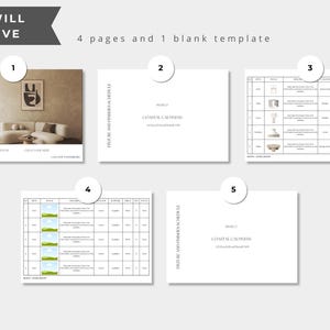 May include: A digital document set titled "YOU WILL RECEIVE" containing 4 pages and 1 blank template. The pages include a project cover for "COASTAL CALMNESS," a fixture and finishes schedule table with product images, and a blank schedule template.