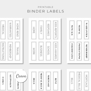 May include: A set of printable binder labels featuring black text on white rectangular backgrounds. The labels include categories such as Manuals, Medical, Warranties, Home Reno, Certificates, Instructions, Membership, Travel, Home, Family, Keepsakes, Kids Reports, Business, School, Kids Awards, Work, Bills, Medical Bills, Mortgage, and Rent.