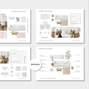 May include: A set of four digital interior design mood board templates titled Tanner Residence, featuring furniture selections, floor plans, and color palettes in neutral tones. The layouts include white sofas, wooden coffee tables, and decor items.