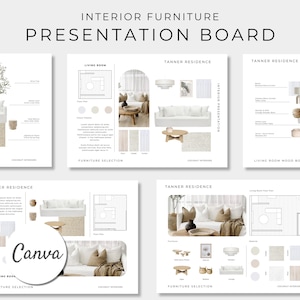 Quadro de apresentação de móveis de interior, quadro de humor editável do Canva, proposta de projeto de design de interiores, seleção de móveis, apresentação ao cliente