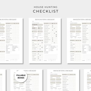 Op de afbeelding: Een set van huiszoek-checklists met een strak, neutraal ontwerp en invulbare vakjes. Elke pagina bevat secties voor het adres, de prijs, kamerdetails, kenmerken, locatie en eerste indrukken in een overzichtelijke lay-out.
